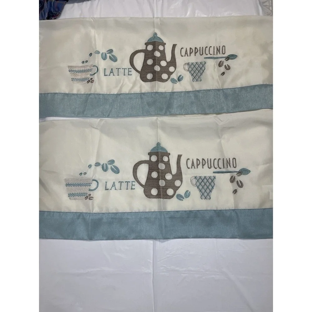 Latte Cappuccino Embroidered Café Tier Curtains 29x24 Beige/Blue Rod Pocket